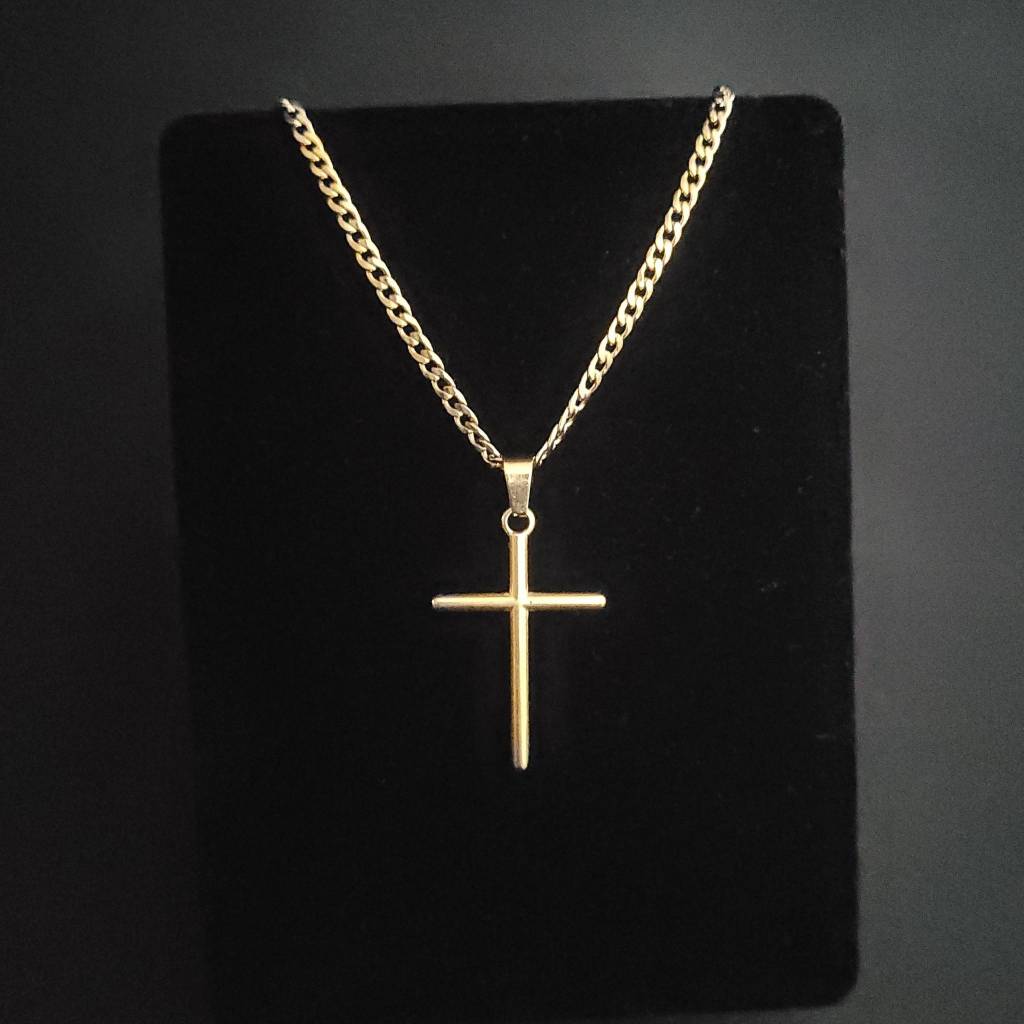Colar Masculino Corrente Gourmet Pingente Cruz Dourado em Aço Inoxidável
