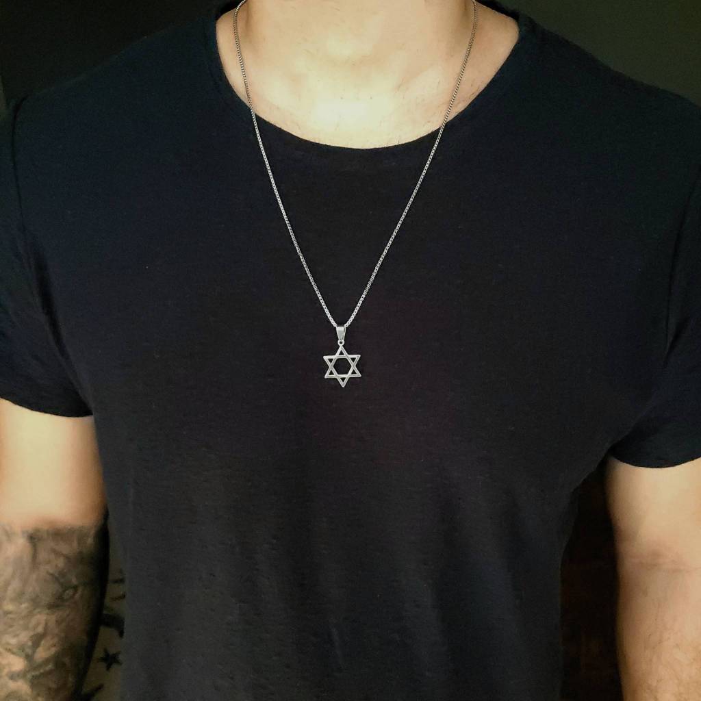 Colar Masculino Corrente Veneziana Estrela De Davi Prata em Aço Inoxidável