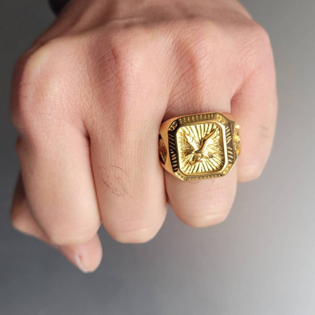 Anel Masculino Dedeira Águia Dourado de Aço Inoxidável 316L