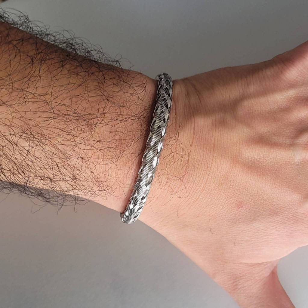 Pulseira Masculina Luxo Trançada Prata em Aço Inoxidável