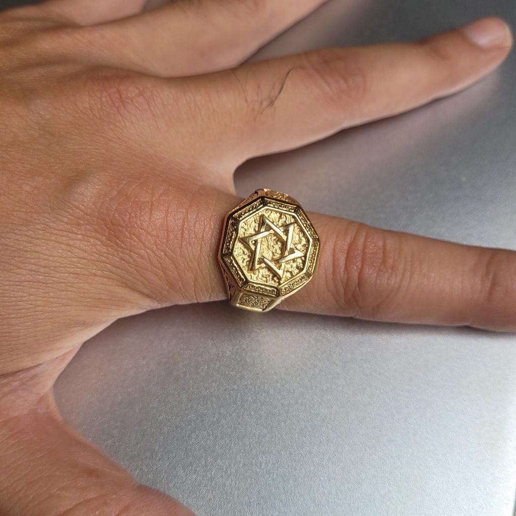 Anel Masculino Estrela De Davi Dourado em Aço Inoxidável