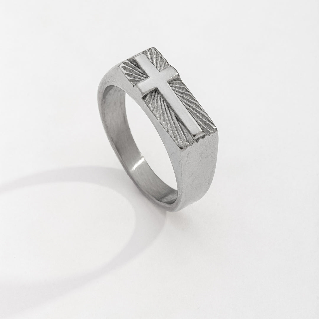 Anel Masculino Cruz Retângulo Prata em Aço Inoxidável