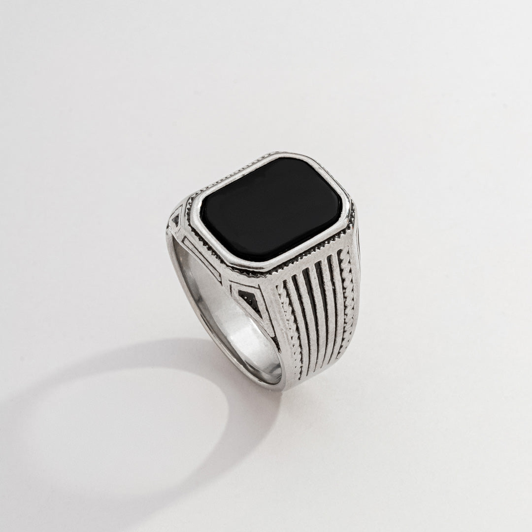 Anel Masculino Pedra Onix Grande Prata em Aço Inoxidável