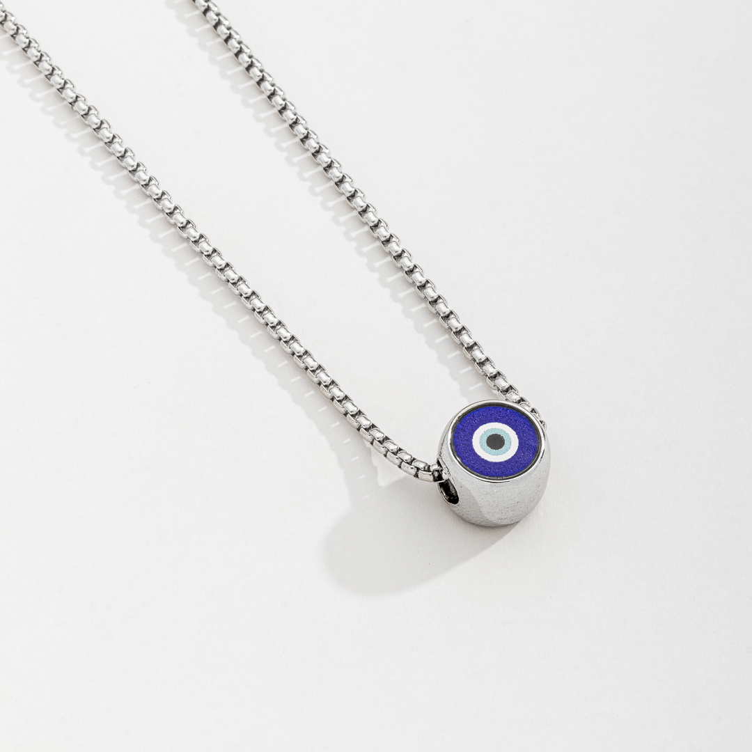 Colar Masculino Corrente Veneziana Olho Grego Prata em Aço Inoxidável