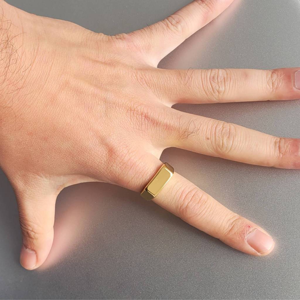 Anel Masculino Retângulo Dourado em Aço