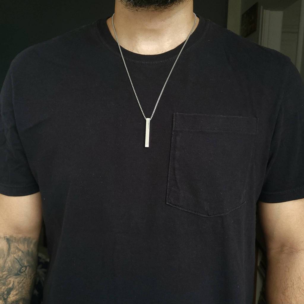 Cola Masculino Corrente Veneziana Pingente Barra Prata em Aço Inoxidável