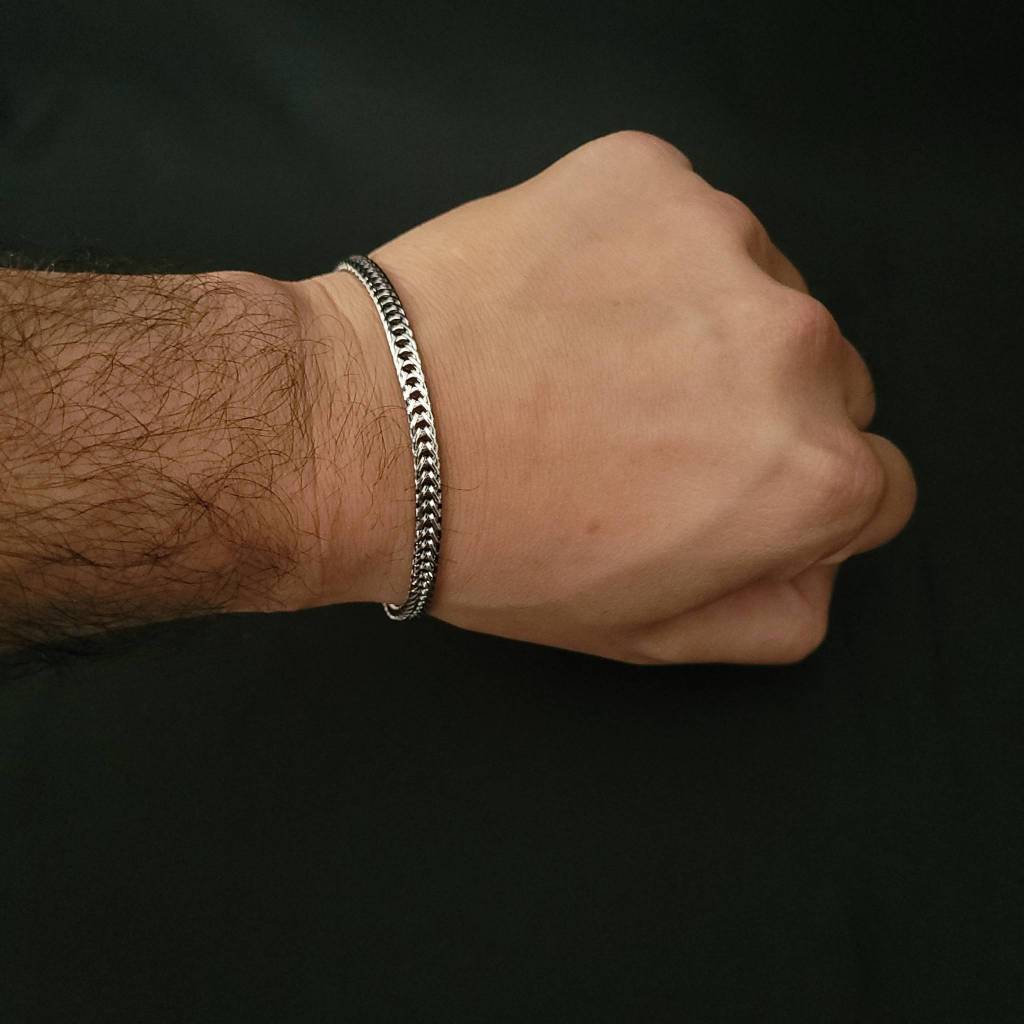 Pulseira Masculina Gourmet Dupla Prata em Aço Inoxidável