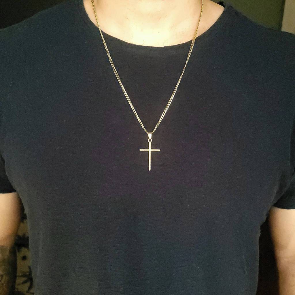 Colar Masculino Corrente Gourmet Pingente Cruz Dourado em Aço Inoxidável