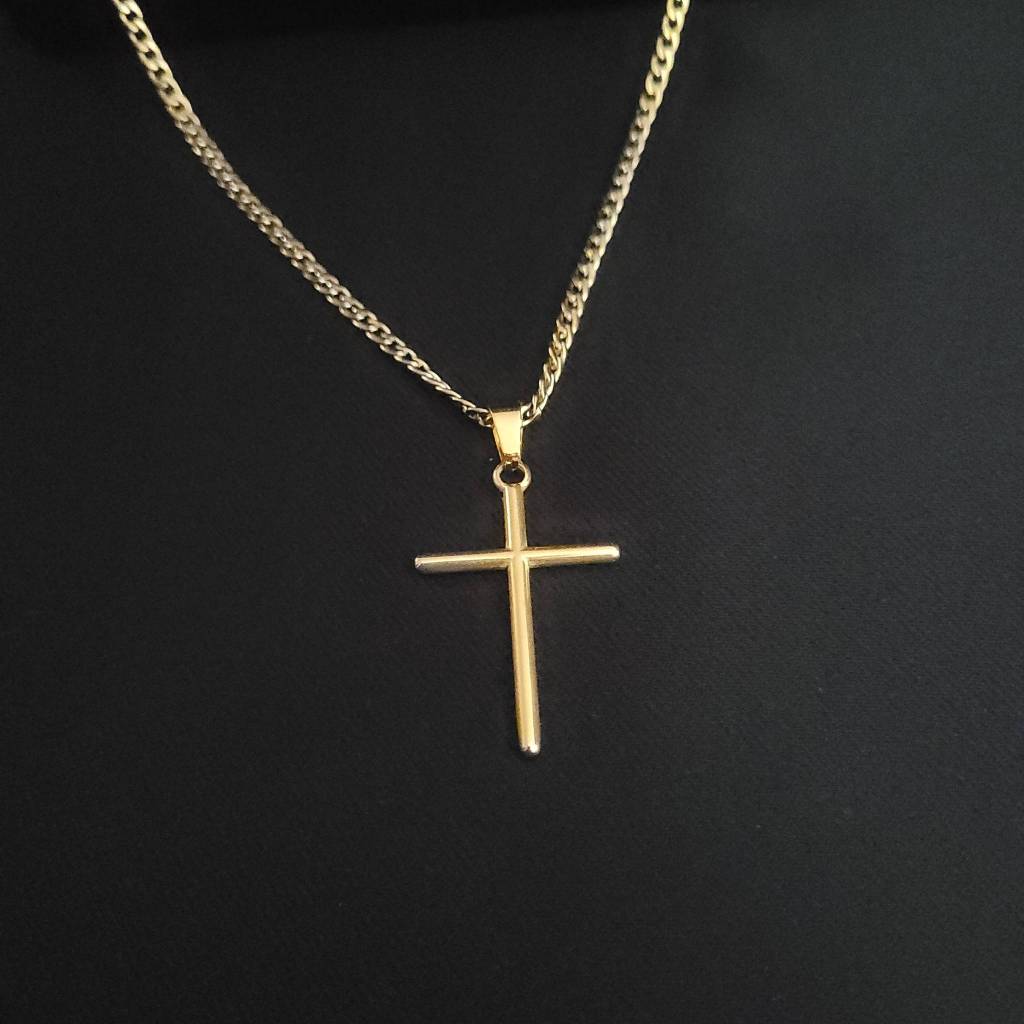 Colar Masculino Corrente Gourmet Pingente Cruz Dourado em Aço Inoxidável