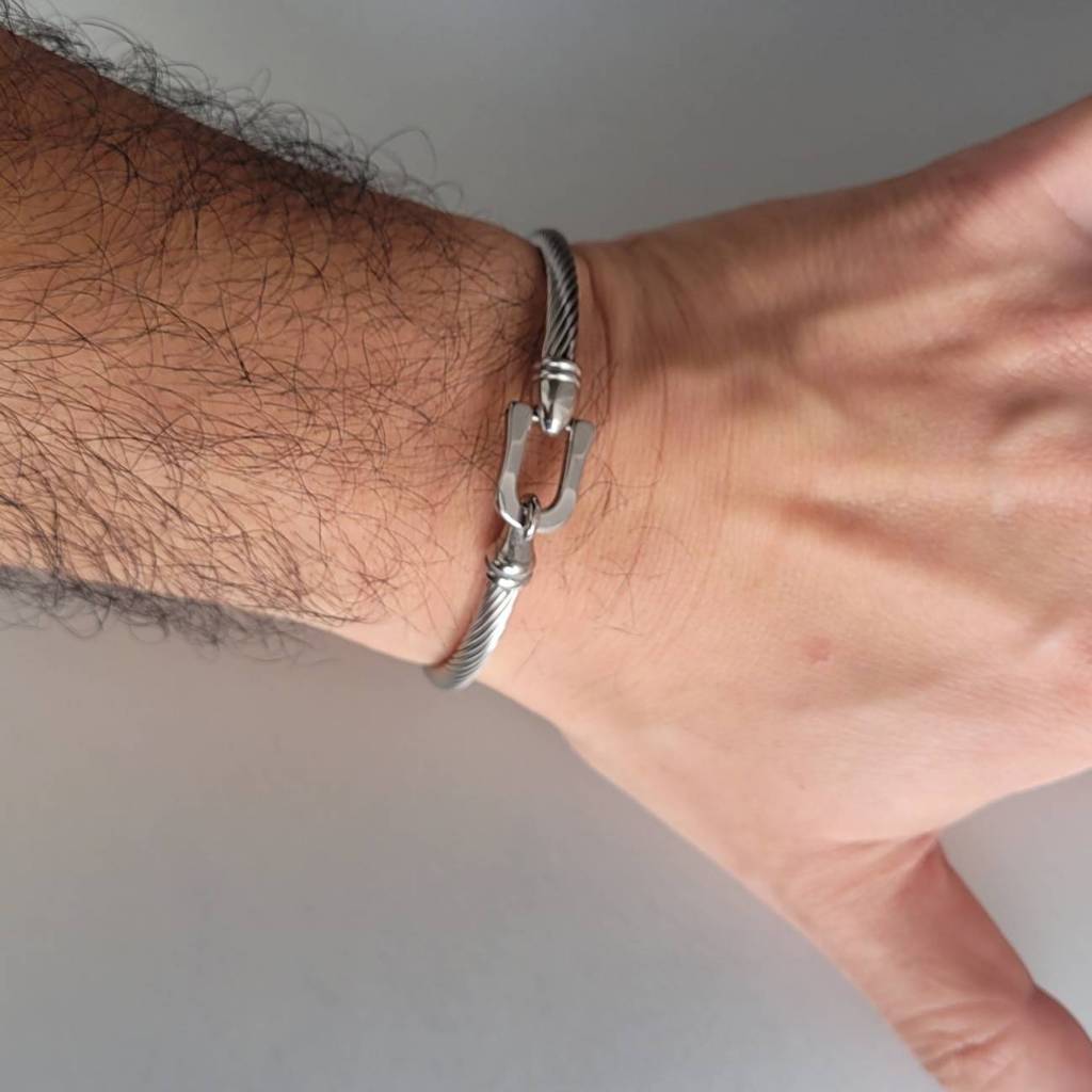 Pulseira Masculina Luxo Fecho Gancho Prata em Aço Inoxidável