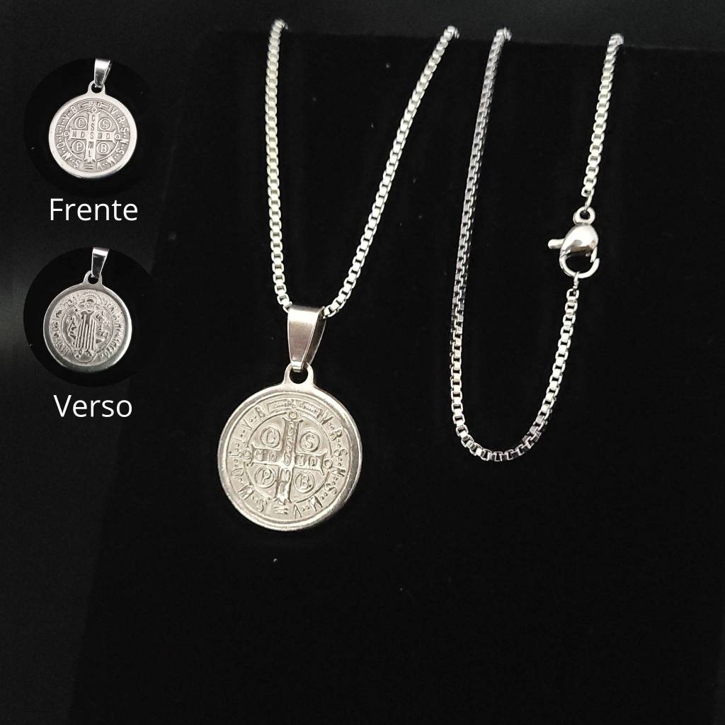 Colar Masculino Corrente Veneziana Medalha de São Bento Prata em Aço Inoxidável
