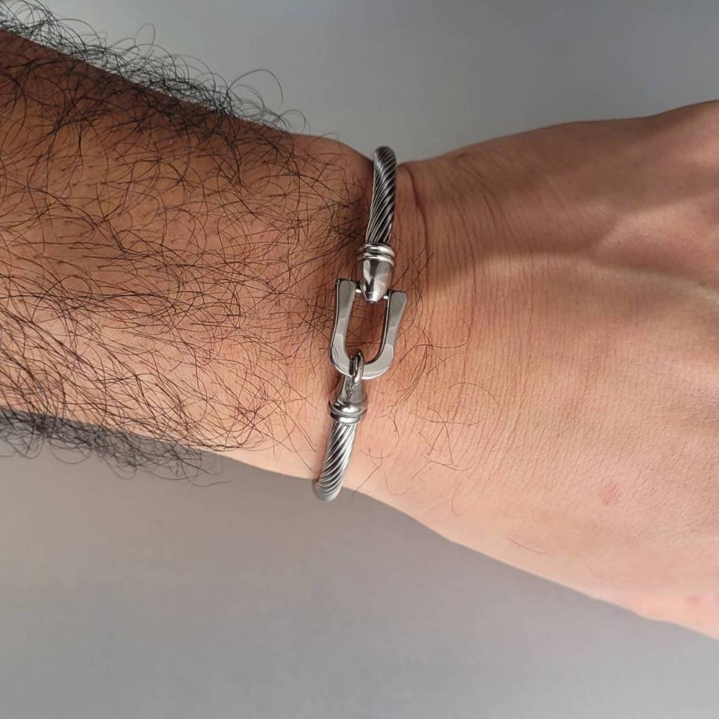 Pulseira Masculina Luxo Fecho Gancho Prata em Aço Inoxidável