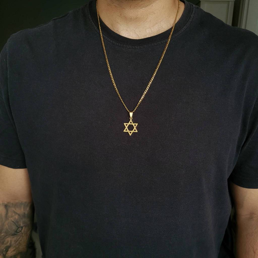 Colar Masculino Corrente Gourmet Estrela De Davi Dourado em Aço Inoxidável