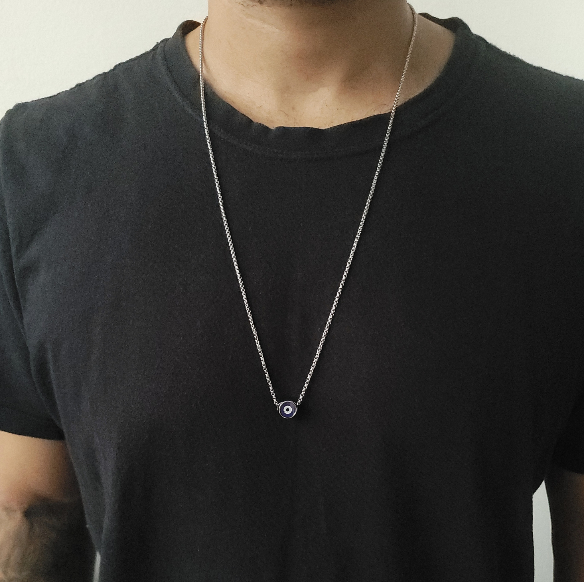 Colar Masculino Corrente Veneziana Olho Grego Prata em Aço Inoxidável