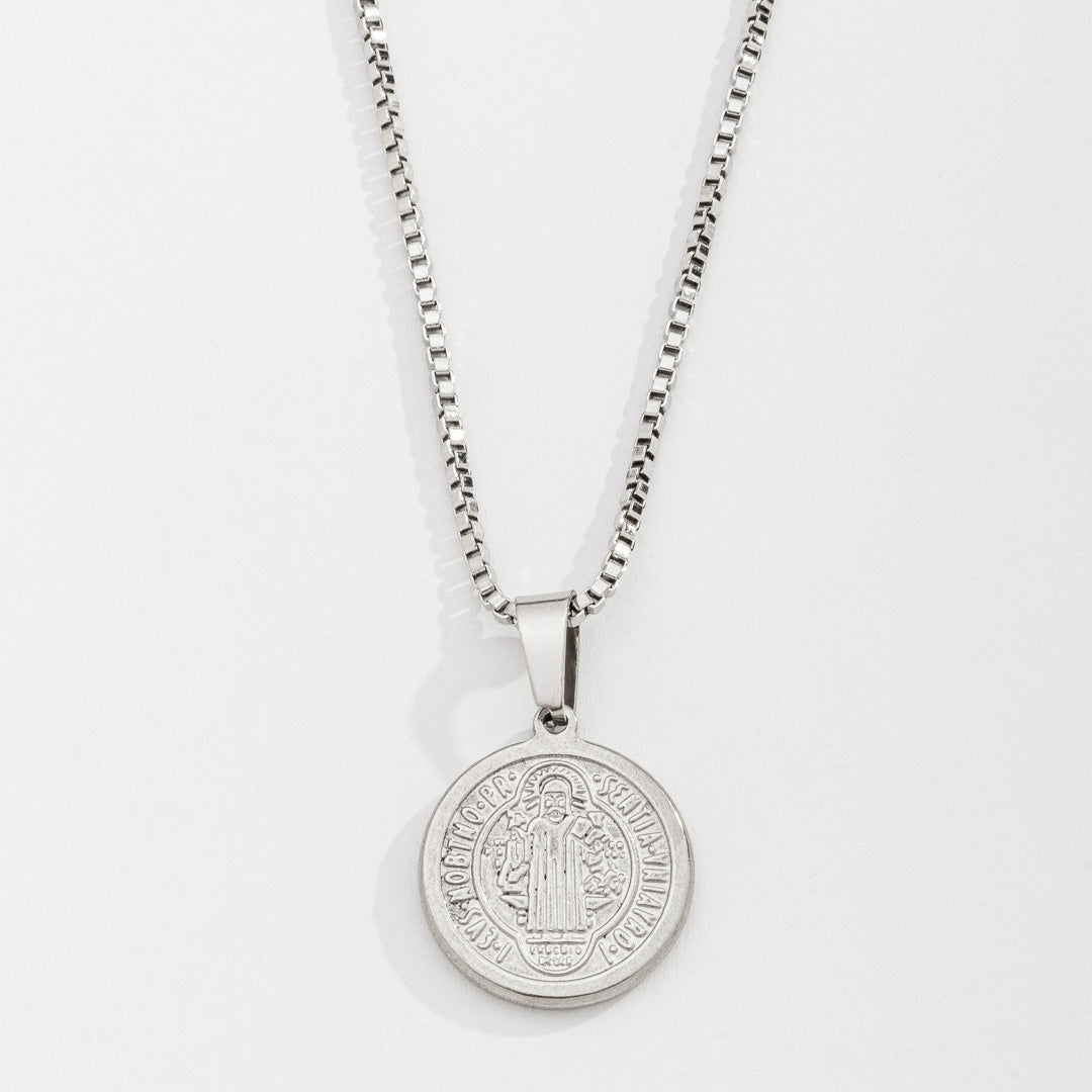 Colar Masculino Corrente Veneziana Medalha de São Bento Prata em Aço Inoxidável