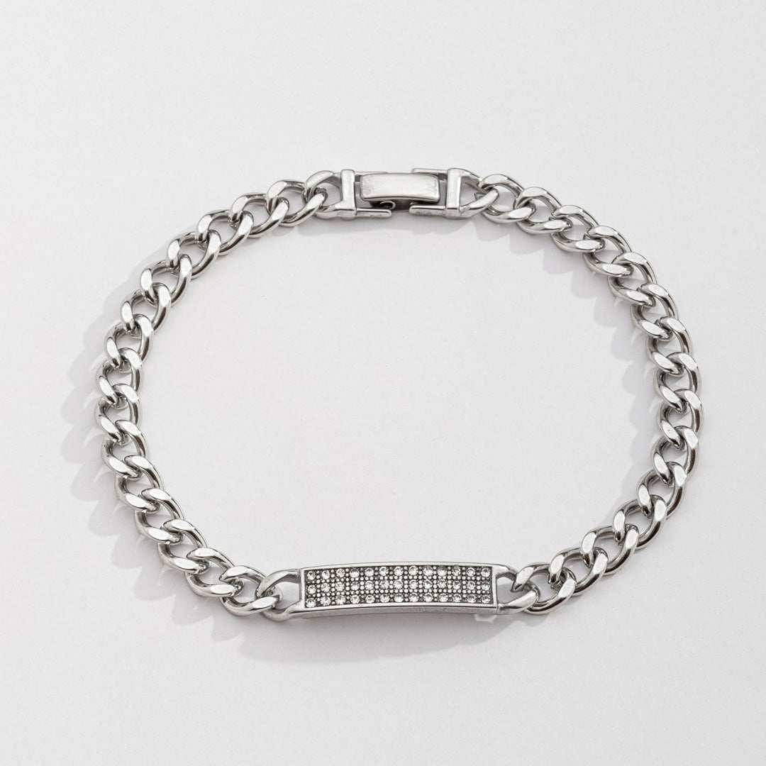 Pulseira Masculina Gourmet Cravejada Prateada em Aço Inoxidável