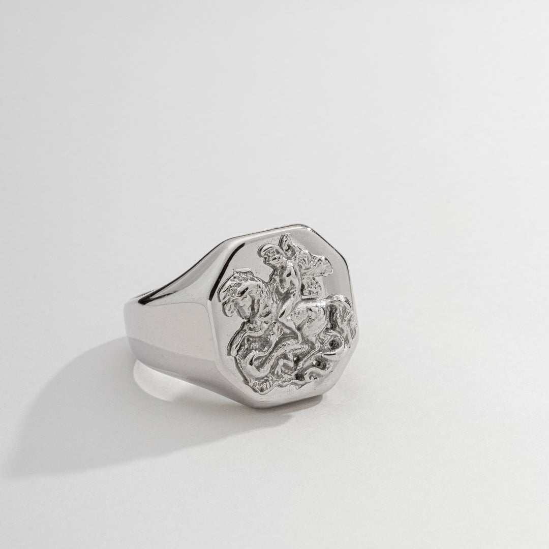 Anel Masculino São Jorge Prata em Aço Inoxidável