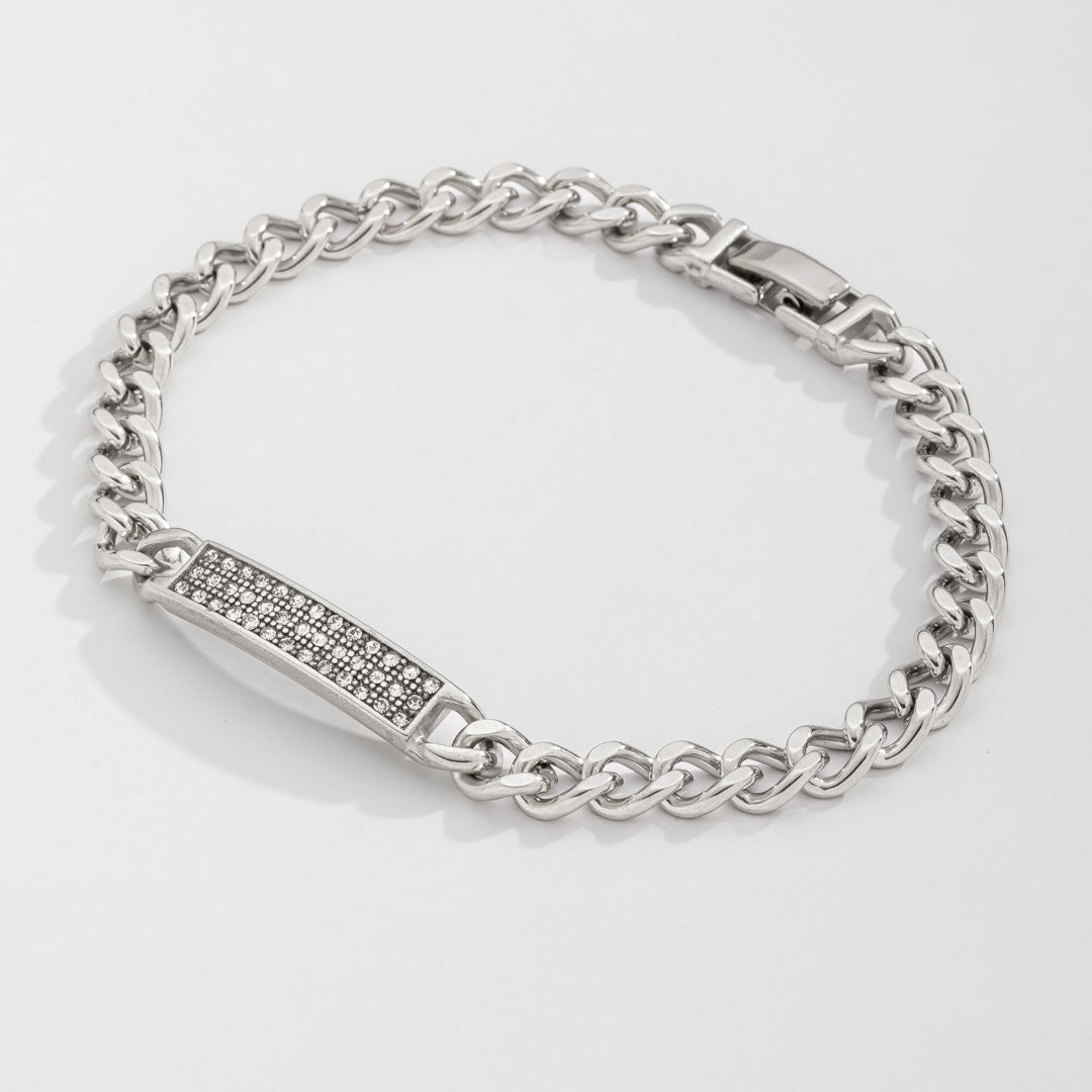 Pulseira Masculina Gourmet Cravejada Prateada em Aço Inoxidável