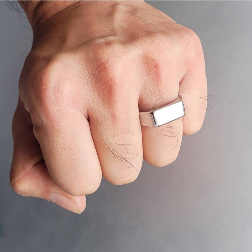 Anel Masculino Retângulo Prata em Aço Inoxidável